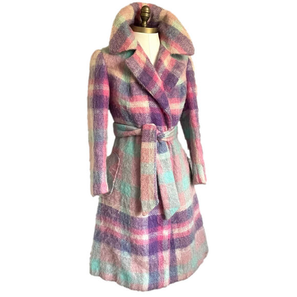 Vintage Jackets & Blazers - Vintage Pastel Colourful Plaid Mohair Long Coat - S/6-8US 🌸